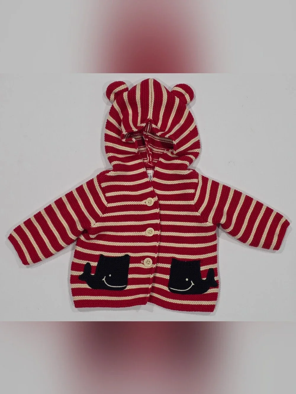 GAP Red and Cream Striped Baby Hooded Cardigan with Whale Pockets 0-3m